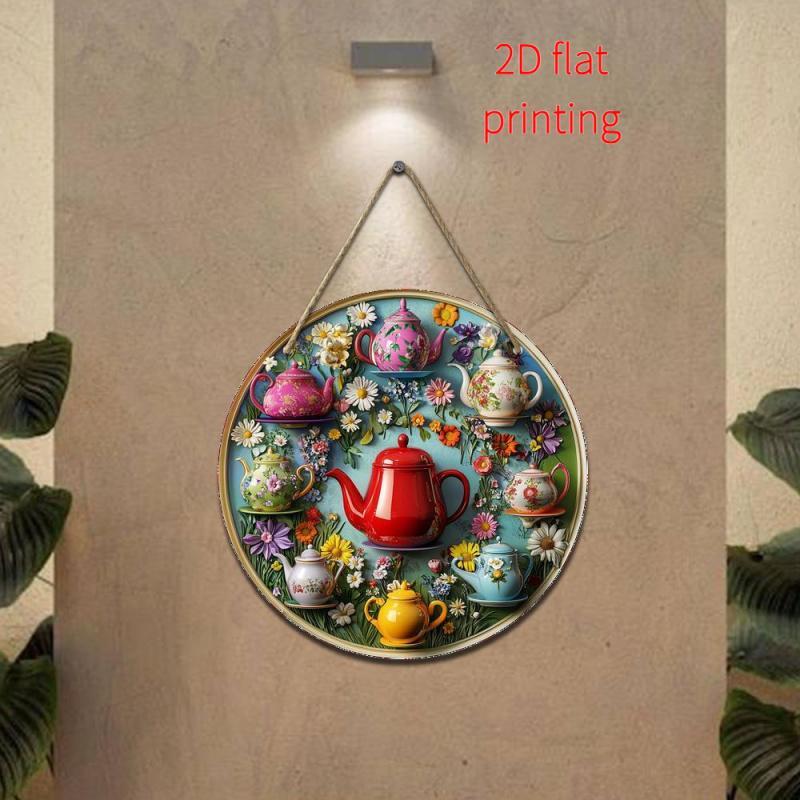 Teapot Pattern Round Wooden Sign, Teapot Theme Hanging Decor, Wall Hanging Decor for Home, Office or Living Room, Ideal Gift, Hangable