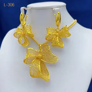 24K Gold Color Copper Jewelry Set For Women Indian Two Piece Geometry Necklace Earrings Set Party Gifts