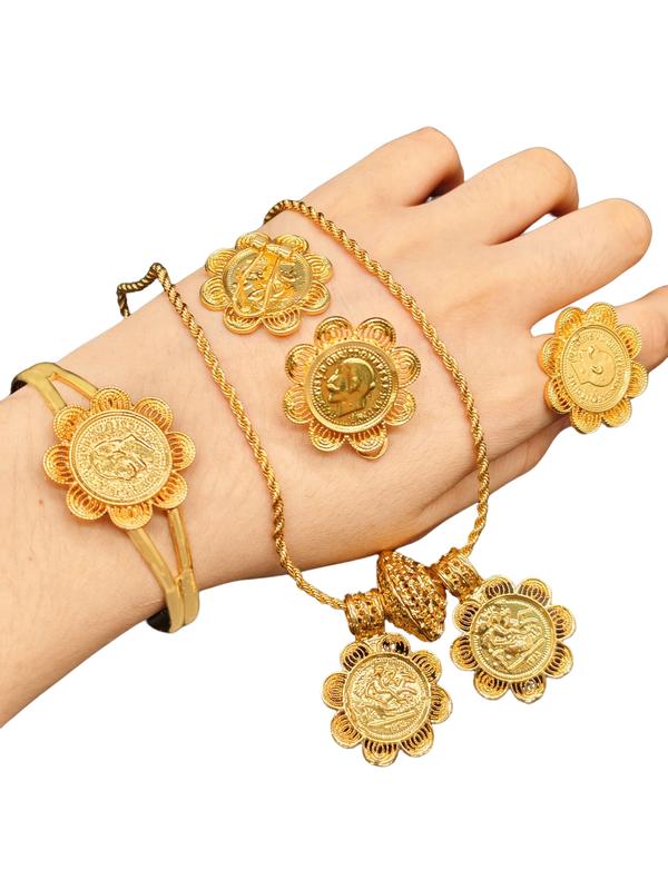 24K Gold Middle Eastern Luxury Vintage Coin Set: Multi-layered Bracelet, Necklace, Ring and Earring Collection - An Exclusive Celebratory Jewelry Gift for Women, Elegant Jewelry Set