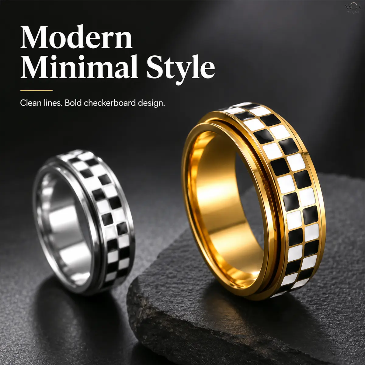 Women's Black and White Checkered Spin Ring - 8mm Wide, Gold Silver, Sparkling, Elegant, Lightweight Metal, Comfortable, Versatile, Bold Pattern, Spin Function, Daily Wear Jewelry, Ideal Gift for Special Occasion Costume Jewelry Accessory, Checker Print R