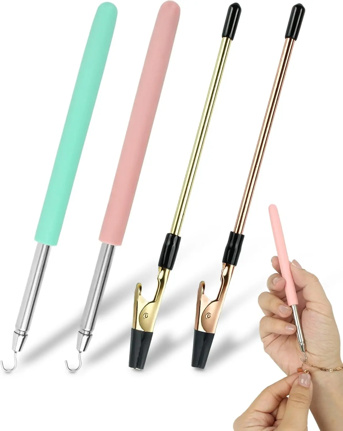 Summer Spring Gift 4PCS Bracelet Clasp Helper Tool Set – Portable Jewelry Fastening Assistant with Quick Hook Design, Non-Slip Rubber Tips for Bracelets, Necklaces, Watches & Easy One-Hand Wearing