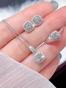 Women's Elegant Square Shaped Pendant Necklace & Earrings & Ring, Exquisite Trendy Maximalist Jewelry Set, Fashionable Accessories for Daily & Party Decoration