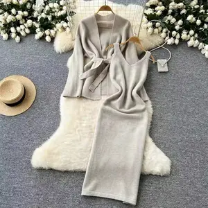 Rib Solid Color Knitted Dress Suit - Casual Cardigan Long Sleeve Cardigan & Button Front Cardigan Slim Pocket Vest - Women's Clothing - My177592 - Style, Fabric, Polyester, Spandex, Medium, Elastic, Top, Knitting, Printed, Collar