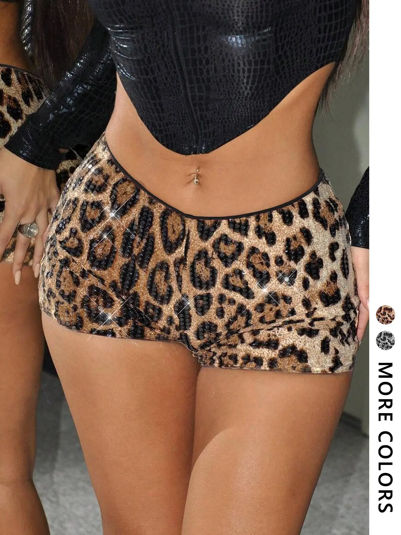 Sparkle Party Shorts High-Waisted Fit Festival Dance Glitter Bottoms Vintage Leopard Print Style Clubwear Hot Pants Evening Shiny Mini Shorts Womenswear