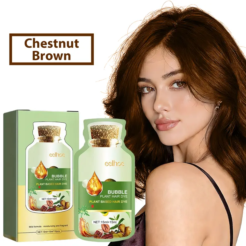 Ammonia-Free Bubble Hair Dye Shampoo for Gray Coverage, Vegan Chestnut Brown Color Foam with Natural Plant Extracts, No Bleach Semi-Permanent Color for Adults, 10-Pack (30ml Each) Conditioning Hair Care Products