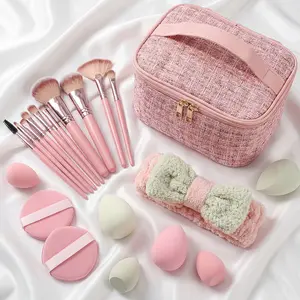 Pink Tweed Makeup Set: Portable Full Brush Kit with Sponges & Bag. Aesthetic GRWM Essential for Girls.