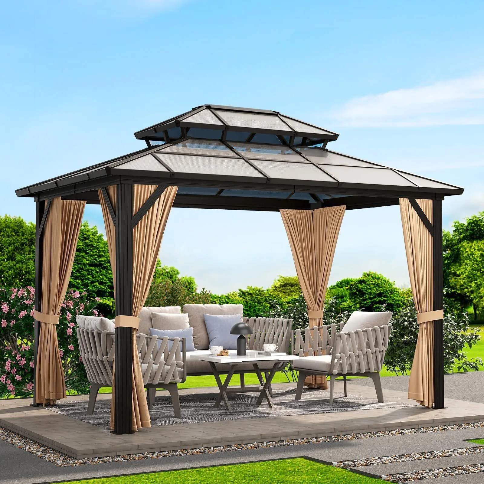 10'x12' Stable Aluminium Frame Hardtop Metal Gazebo with Double Galvanized Steel Roof, Khaki Heavy-Duty Canopy, Stake & Advanced Polycarbonate Roof for Patios, Gardens (Assembly Required)