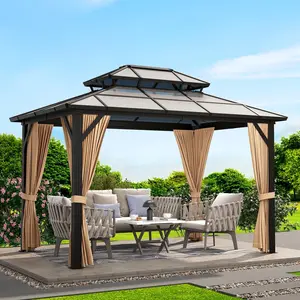 10' x 13' Hardtop Gazebo, Metal Gazebo with Aluminum Frame, Double Galvanized Steel Roof, Pergolas for Patios, Garden, Parties, Lawns，Khaki Sunshade Canopy