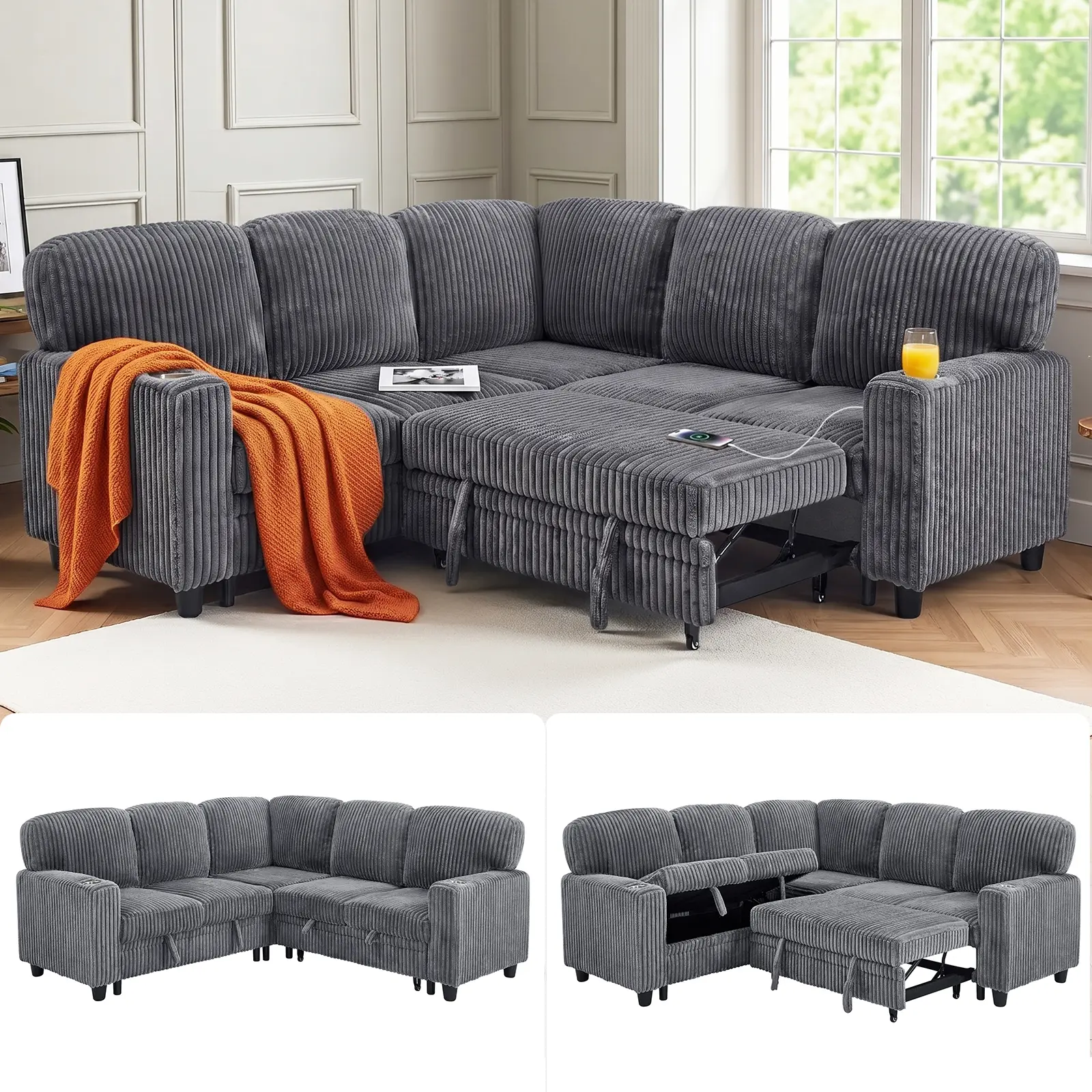 XANDERO 81" Sleeper Sofa, L Shaped 5-Seater Modular Sectional Couch with Pull Out Bed, Hidden Storage, Cup Holders & USB Charging Ports, Sectional Couches for Living Room, Corduroy, Gray