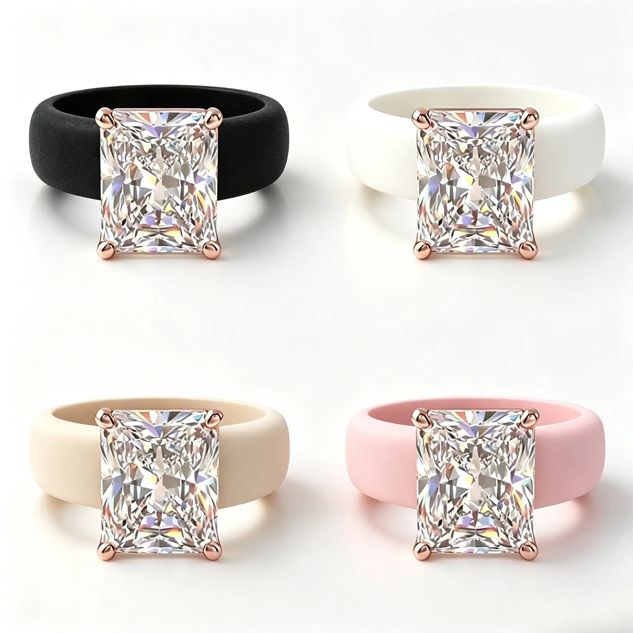 4 Colors Bling Silicone Ring｜Rose Gold Prong Square Crystal, Safe Soft Band For Work Sports Travel