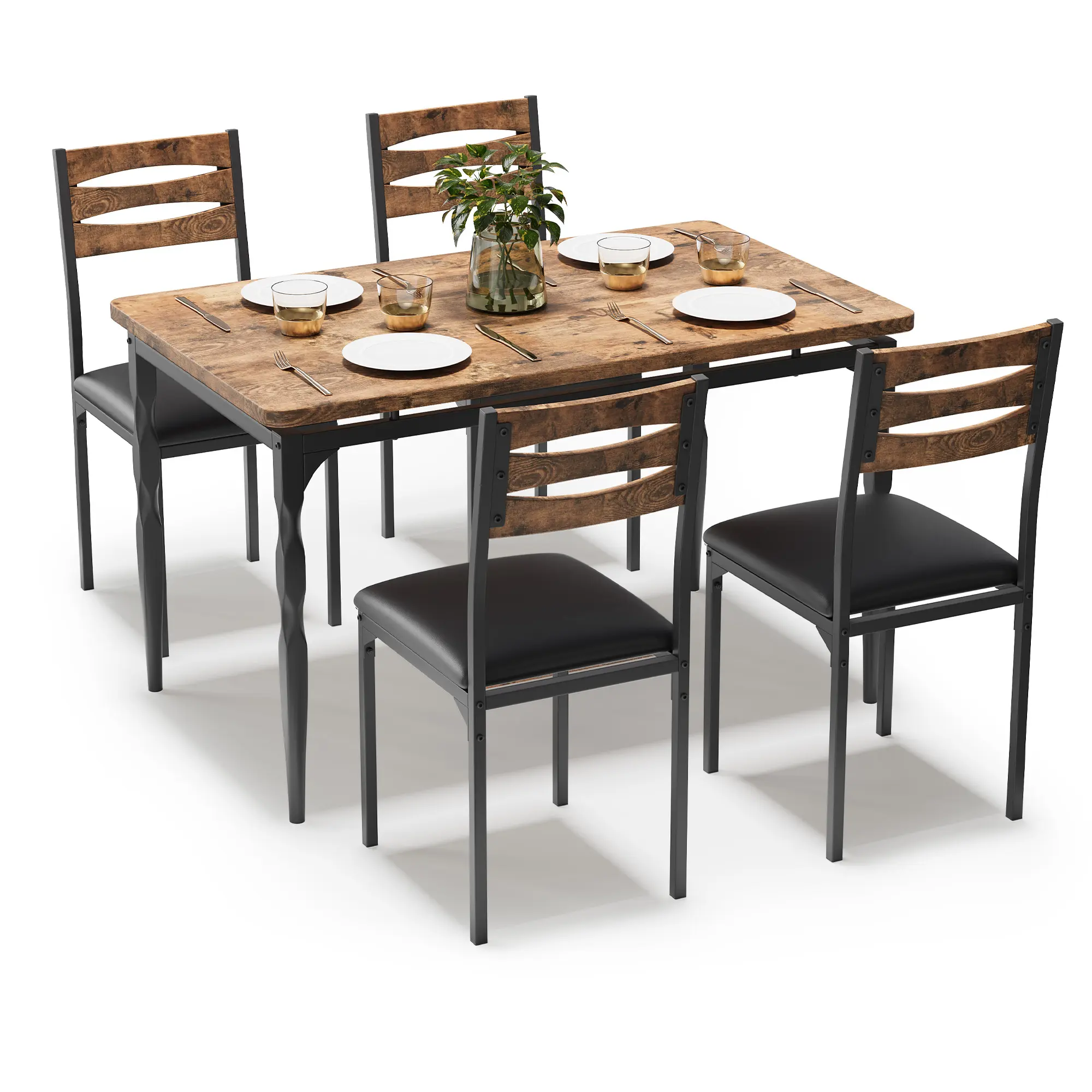 Industrial 5-Piece Dining Set with Cushioned Chairs - Spiral Leg Table, Space-Saving Furniture for Kitchen/Dining Room