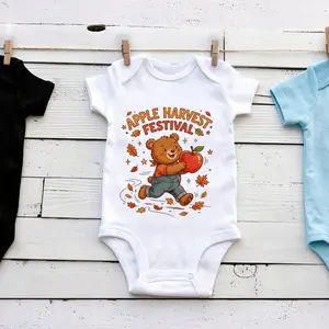 Infant Pure Cotton Snap Crotch Romper Bodysuit Cartoon Bear Apple Print Fall Unisex Baby Jumpsuit