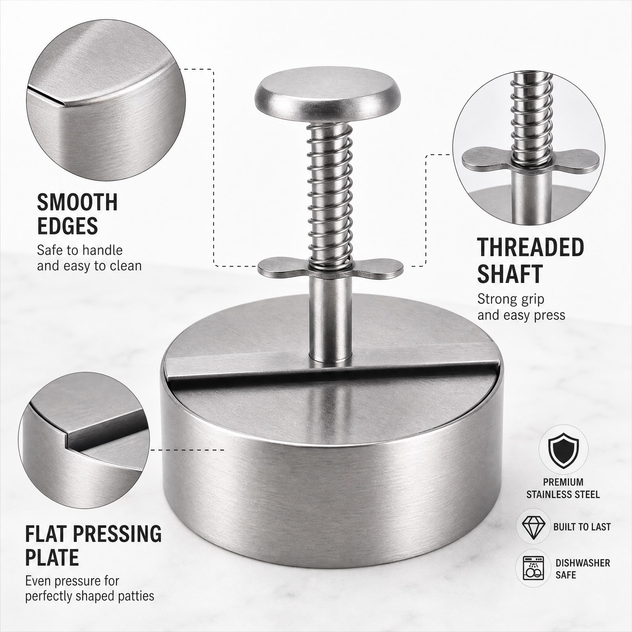Stainless Steel Burger Patty Press – Spring-loaded mold for making perfect, evenly shaped patties; nonstick iron burger press for kitchen and BBQ #KitchenGadget