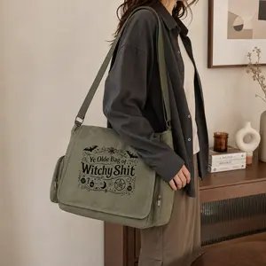 Large-capacity witch-themed canvas bag, equipped with an adjustable shoulder strap, featuring a clamshell-style vintage messenger bag, adorned with bats, pentagrams, moons, wands, and mysterious symbols, making it an excellent choice as a gift