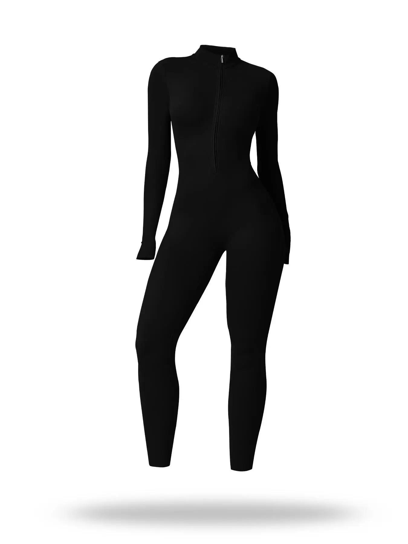 Sporty Women's Solid Color Half Zip Mock Neck Sports Jumpsuit, Casual Comfy Breathable Long Sleeve Skinny Jumpsuit for Yoga Gym Workout