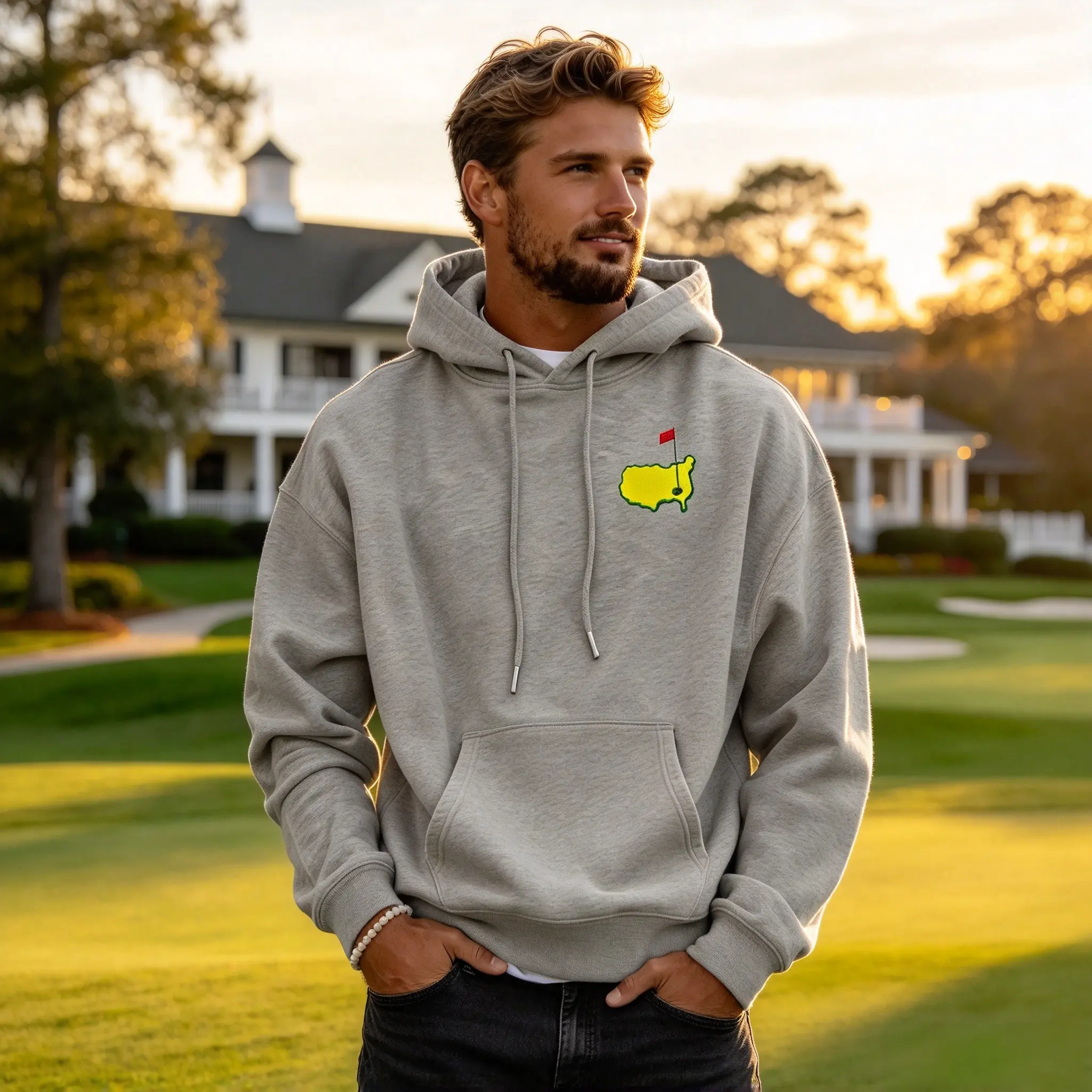 Menswear Unisex Fall Winter Fitted Golf Hoodie - Vintage 'The Masters' Print, Light Augusta Course Elements, Classic Event Design, Long Sleeve Casual Pullover