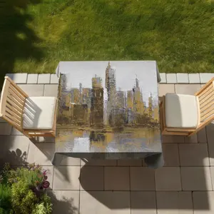 360 Stand Brown 58x58 in Mildew-Resistant Cityscape Print Tablecloth - Contemporary Look, Urban Scenery, Indoor-Outdoor Household Kitchen Linens Soft Furnishing, C1TC5858KMPBQN