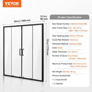 VEVOR Semi-frameless Shower Door, 57.8-59 Wx 70 H in, Double Sliding Glass Door with 1/4 in(6mm) Clear Tempered Glass, Waterproof ShatterproofStainproof with Stainless Steel Hardware, Matte Black