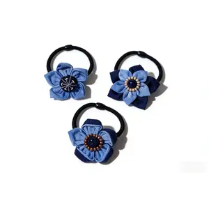 3PCS Handmade Fabric Flower Hair Scrunchie with Indigo Dye |     Boho Ethnic Style Hair Accessory