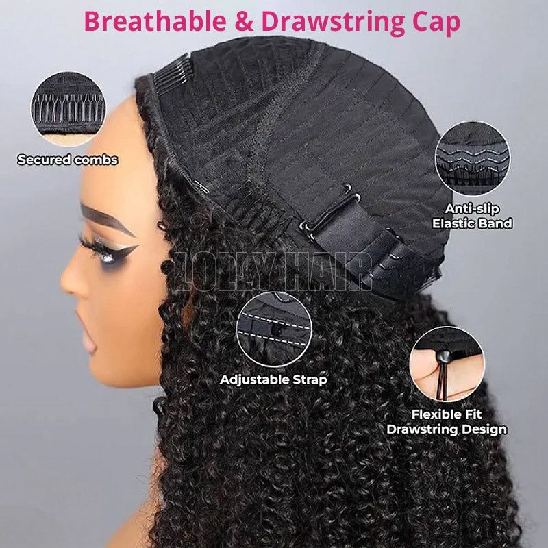 MYLOCKME Half Wig Deep Wave 3 IN 1 Human Hair Glueless Deep Wave Wig Machine Made Clip-in Upgrade 200% Kinky Straight Invisiable Flip Drawstring Wig
