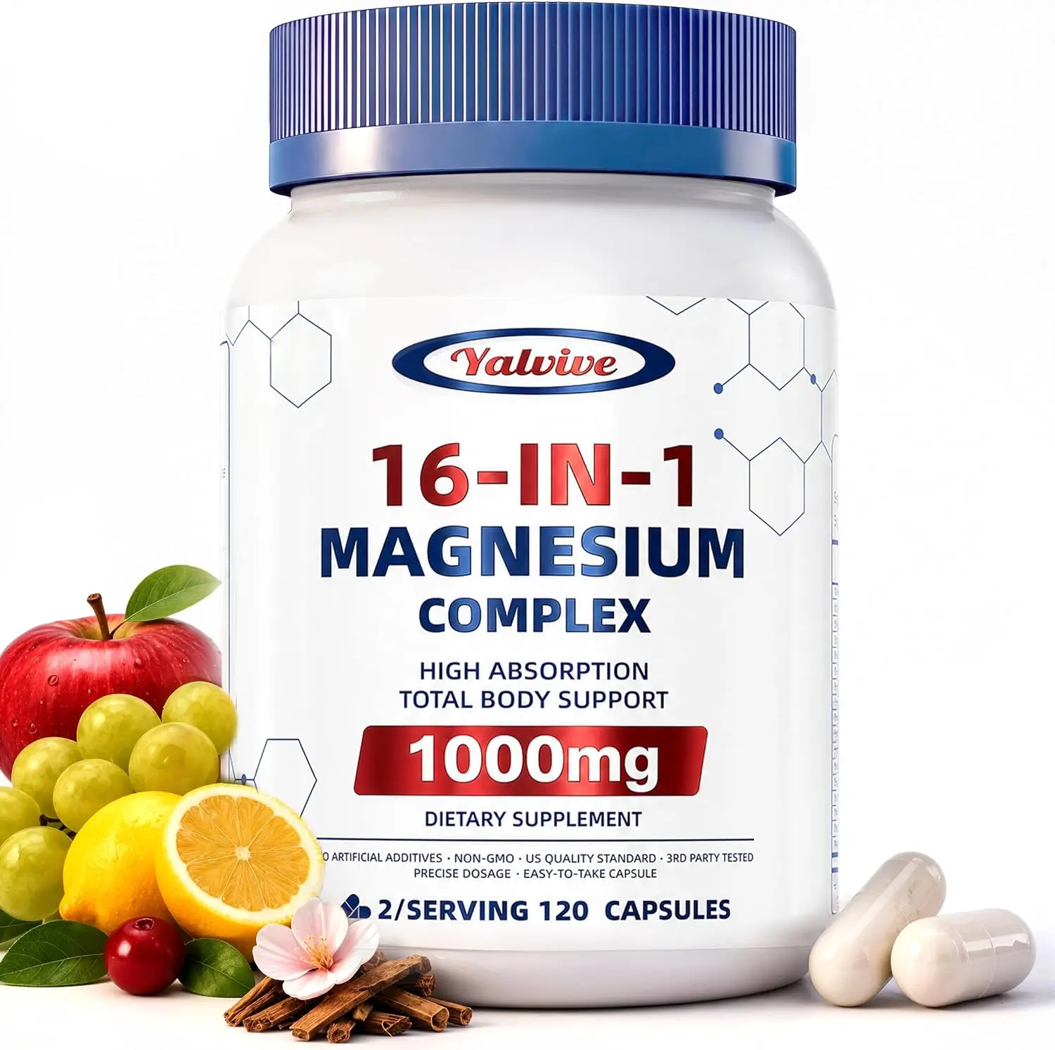 1000mg Magnesium Complex Capsules for Men and Women 16 in 1 High Absorption Supplement with Glycinate Citrate Malate Taurate for Sleep Support Muscle Relaxation Joint Health Stress Relief and Energy 120 Count