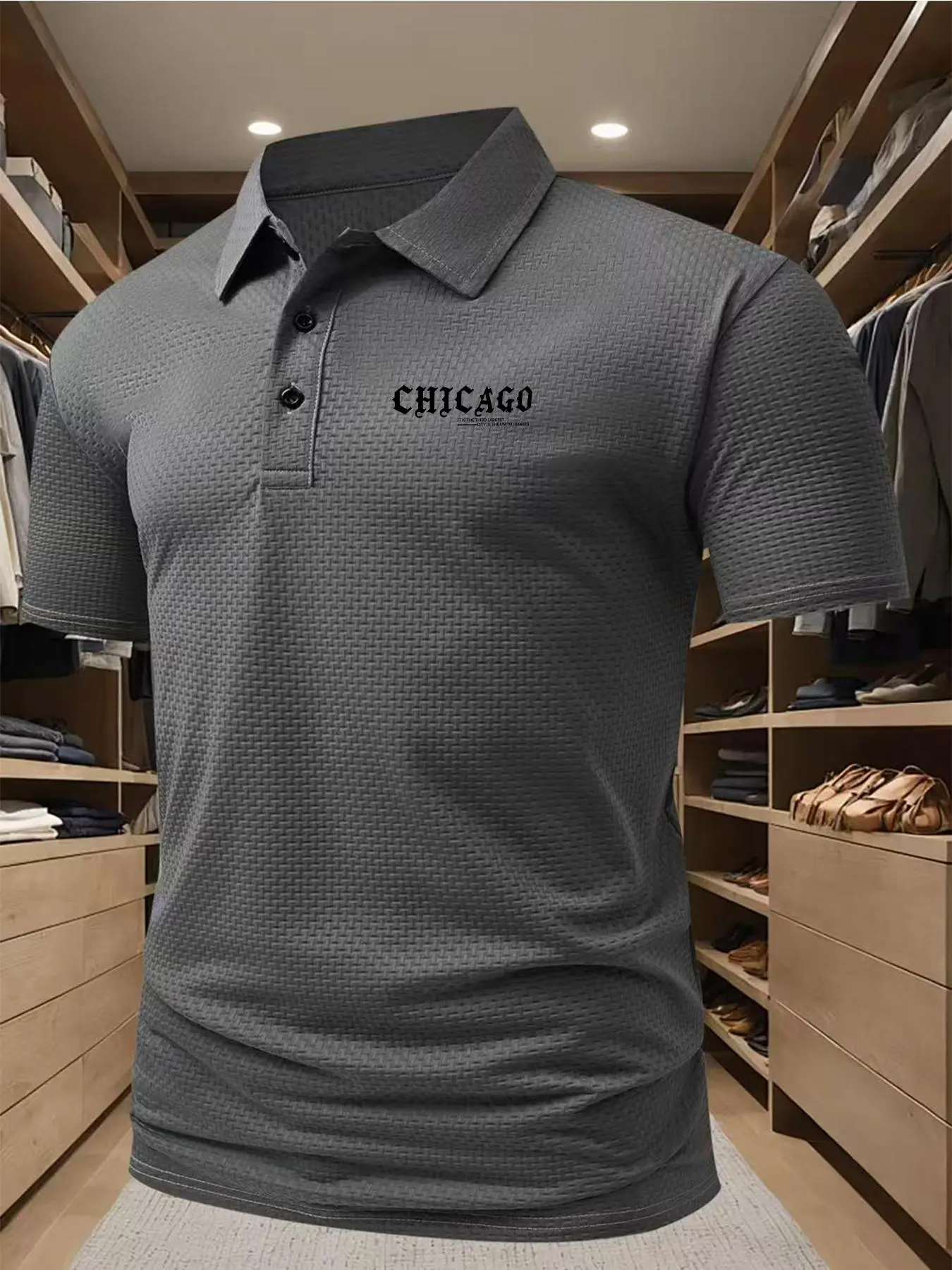 Men's Regular Fit "Chicago" Print Polo Shirt, Casual Short Sleeve Collared Top for Summer, Fashion Men's Clothes for Daily Wear, Tropical