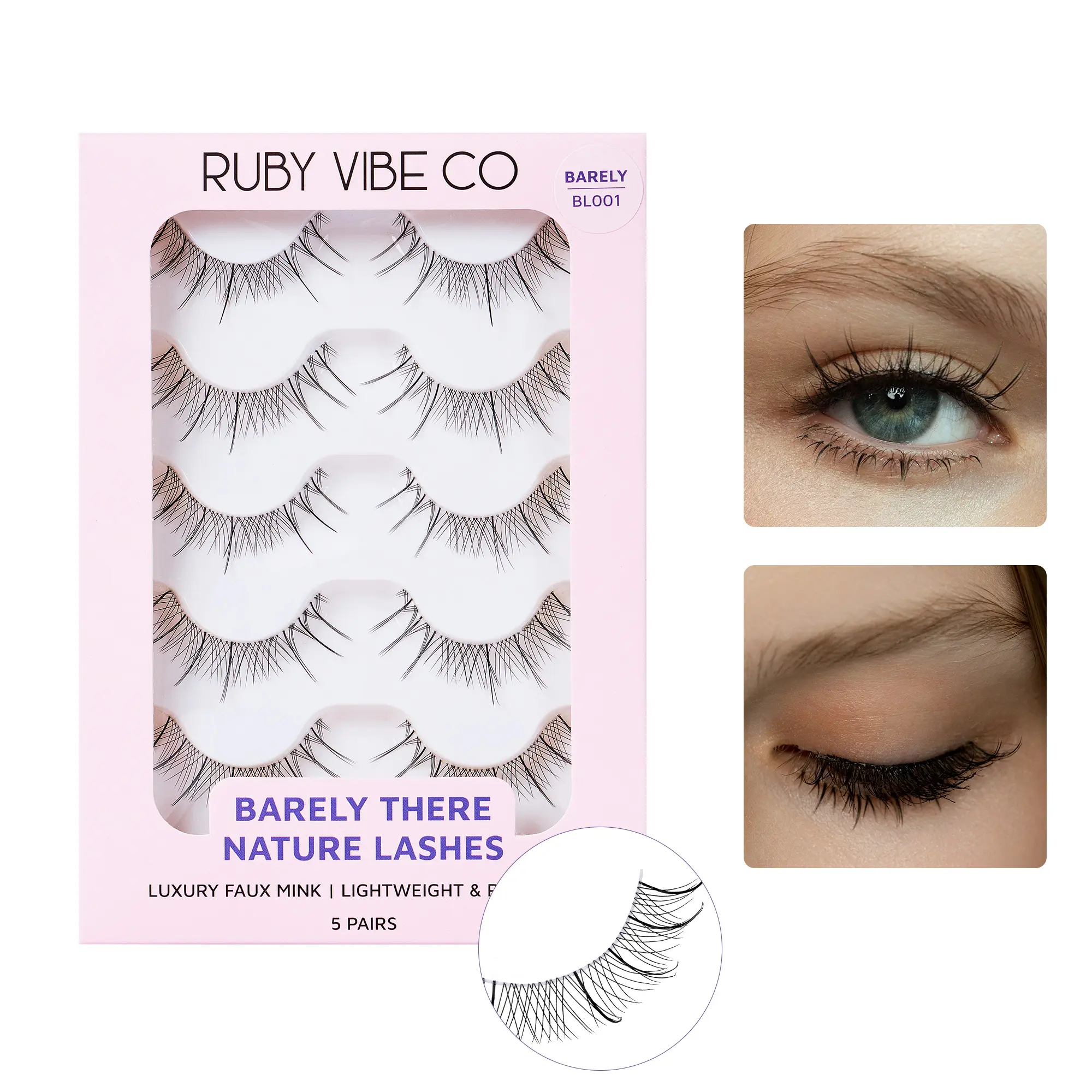 RUBY VIBE CO Light Flutter BL002 Natural Eyelashes - Lightweight Strip Lashes and Clear Band Lash Strips for Everyday Wear