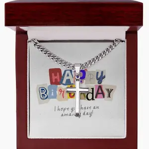 Happy Birthday Gift | Cuban Link Chain with Artisan Cross | Card Message Jewelry Box