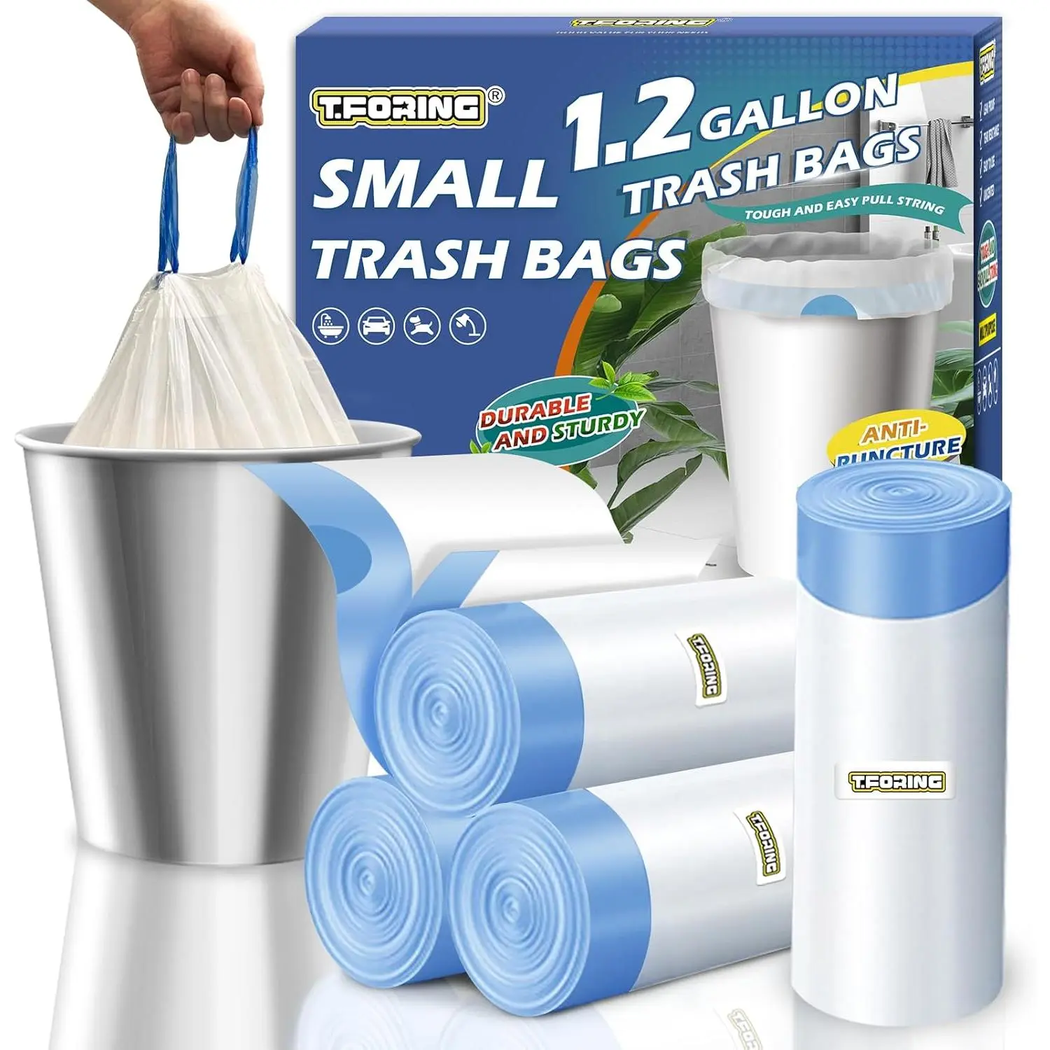 1.2 Gallon Mini Trash Bags Drawstring - 120 Count Thick Small Garbage Bags Unscented,White Trash Can Liners Strong Little Waste Basket Bags 4.5 Liter for Home Bathroom Office Car