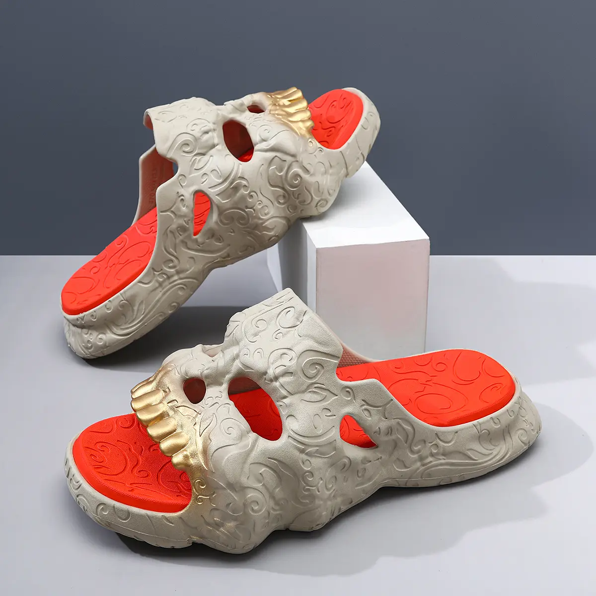 3D Embossed Skull Gold Teeth Platform Slide Sandals, Vintage Swirl Pattern Hollow EVA Cushioned Non-Slip Quick Dry Gothic Streetwear Beach Slippers Unisex