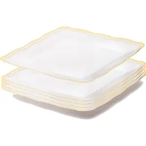 Plastic Serving Tray White Square Plastic Tray with Gold Rim Border, Disposable Serving Trays Heavyweight Serving platters and Trays 12"x12" Appetizer Tray [6 Pack]
