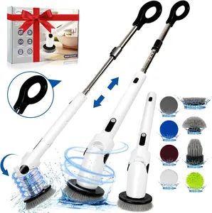 Electric Spin Scrubber, Cordless Cleaning Brush Waterproof, Shower Scrubber with Long Handle & 8 Replacement Heads, 3 Adjustable Brush Head Angles Cleaner Brush for Bathroom Tub Tile