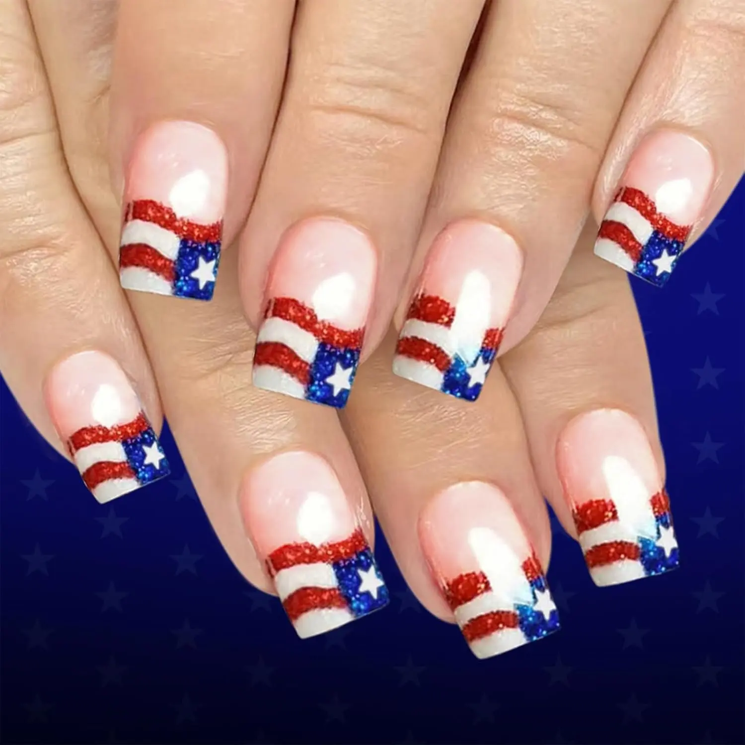 Women's 24 Pcs Medium Square Shape Press-On Nails, Glossy Finish 4th of July Patriotic American Flag Red Glitter Acrylic Fake Nails, HZJXRT Glue-On Artificial Fingernails for Holiday Gift