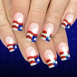 Women's 24 Pcs Medium Square Press-On Nails, 4th of July American Flag Glossy Red Glitter Acrylic Fake Nails, HZJXRT Glue-On Artificial Fingernails for Independence Day Gift