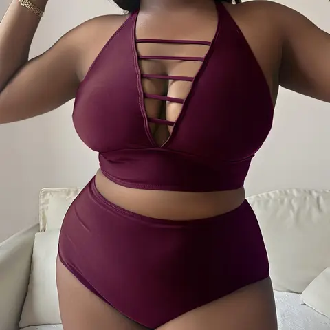 [Plus Size]Solid Criss Cross Backless Bra & High Waist Panty Swimsuit Set, Casual Cut Out Deep V Neck Swim Top & Swim Bottom, Women's Summer Swimwear Set, High Rise Swimwear, High Waisted Swimsuit, High Stretch Bikini, Summer Swimsuits