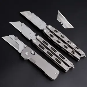 Titanium alloy multifunctional practical knife, shaver, box cutter, foldable tool knife, pocket clip, outdoor camping portable knife, quick replacement blade, with 10 blades