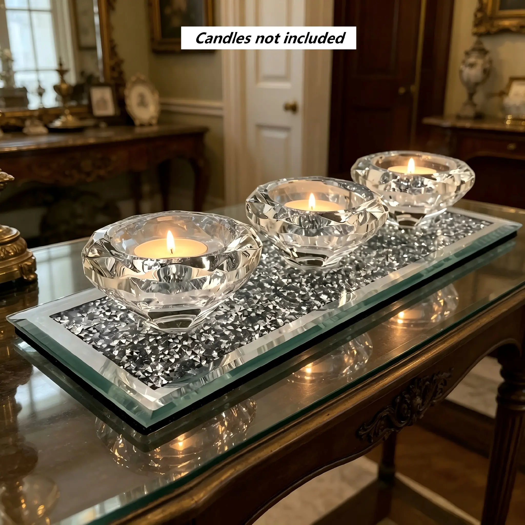 Mirror Glass Candle Holder, Luxurious Rhinestone Accent, Elegant Wish Tea Wax Stand, Crystal Scented Decor, Wedding, Party, Home Decoration, Tea Light Candles Holder, Tea Light Candle Holders, Decoration Items