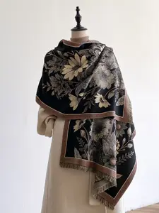 Women's Elegant Fashion Scarf with Plant Print, Thick Woven Fabric, Fitted Style, Perfect for Fall & Winter, Ideal Birthday Gift, Floral Print Scarf