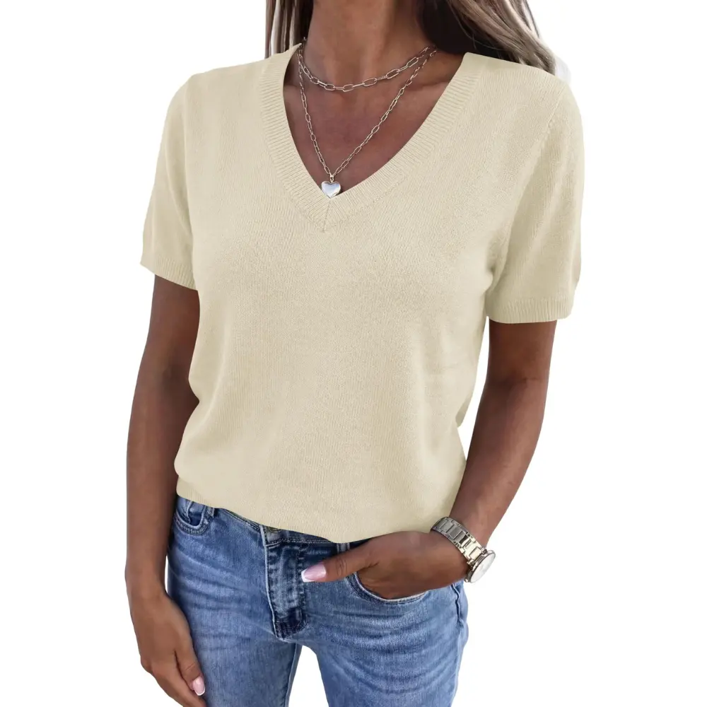 PrettyGarden Women's V Neck Knitted Top Short Sleeve Sweater Trendy Pullover Tops Summer Spring Loose Lightweight Casual Blouse