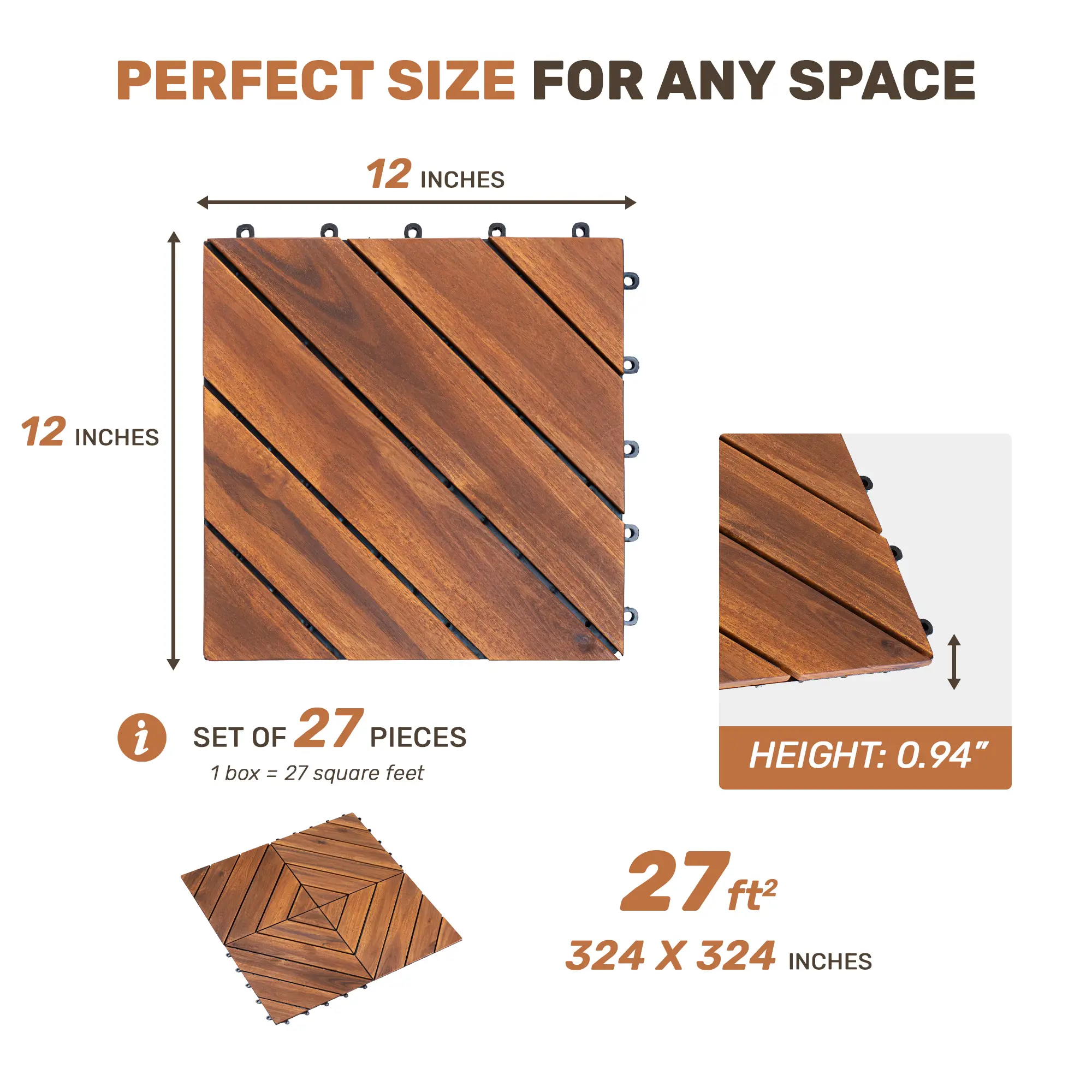 27 PCS Interlocking Deck Tiles Diagonal Pattern, 12" x 12" Acacia Wood Tiles For Patio, Waterproof, All-Weather, Outdoor Decking For Garden, Pool, Balcony
