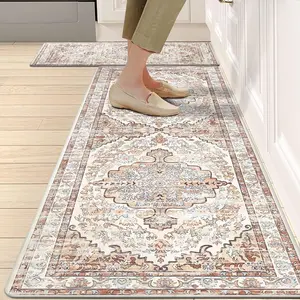 LOKHOM Boho Kitchen Mats 2 Counts Set Comfortable Soft Non-Slip Waterproof Rug 20"x31.5+20"x48" PVC Material Easy Maintenance Durable Design for Busy Households