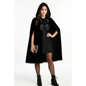 Women's Elegant Hooded Velvet Cape with Bow - Halloween Costume Accessory