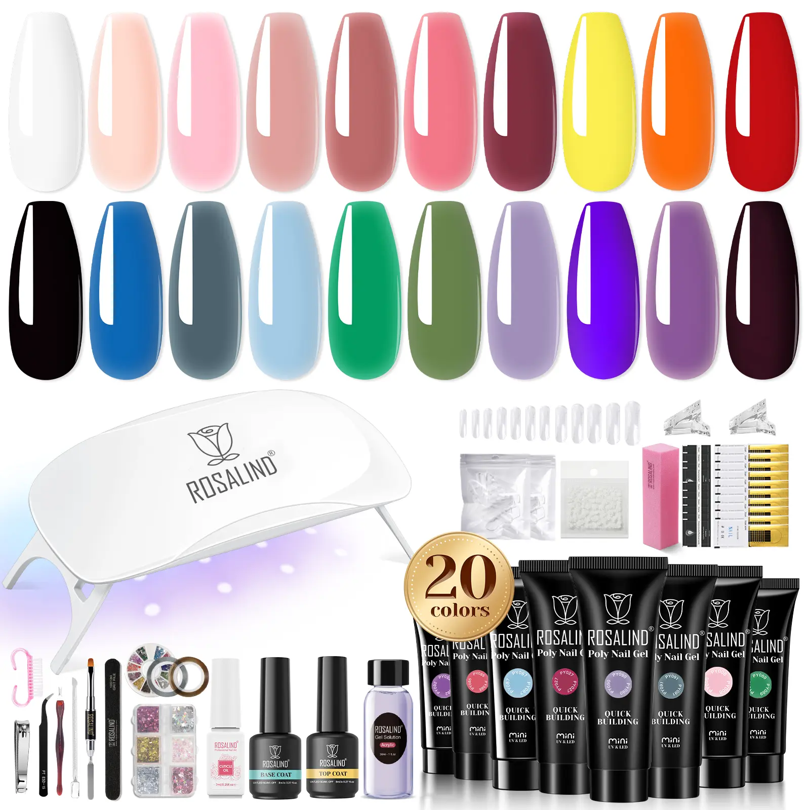 ROSALIND Poly Nail Gel Starter Gel Kit with Nail Tools Mini UV Light 20 Color White Natural Pink Nude Blue Green Colorful Builder Gel For Diy French Design Extension Nail Gel Set Gifts