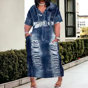 2025 Women’s Plus Size Denim 3D Printed Fashion Maxi Dress, Casual Soft T‑Shirt Dress, Women’s Summer Wear, Black Short Sleeve