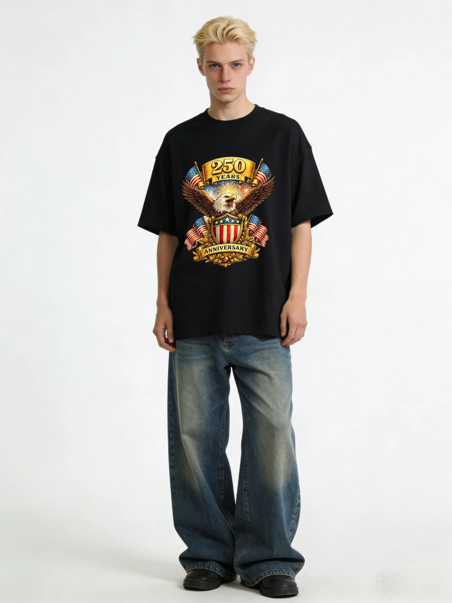 Men's Baggy Basic Cotton T-Shirt - Patriotic USA 250th Anniversary American Eagle Graphic, Breathable Premium Fabric Fashion Office Casual Streetwear Top