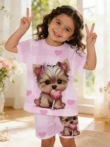 Pink Cute Puppy Heart Casual Girls' Toddler & Baby Girl Set, Digital Printed 100% Polyester Baby Short Sleeve Outfit. Adorable casual clothing for baby girls, suitable for daily wear and outdoor sports T-shirts, an ideal gift for infants and young childre