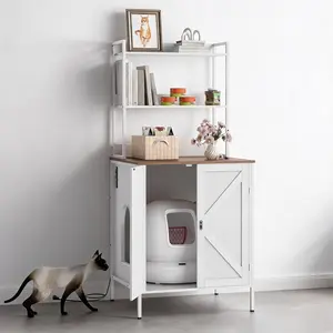 Cat Litter Box Enclosure Furniture - 70" Farmhouse Style Auto Litter Box Cabinet with Shelves & Doors, Fits Smart Litterboxes Up to 26"×28"×31", Cat Access Door & Lock Grey