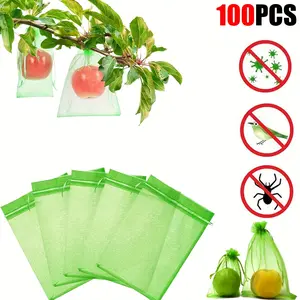 100PCS Green Garden Mesh Bags with Drawstring Reusable Fruit Protection Mesh Bags Breathable Organet Fabric Pest-proof for Birds Squirrels and Caterpillars No Electricity Required