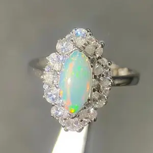 Adjustable 925 Sterling Silver Marquise Opal Halo Ring with CZ Accents