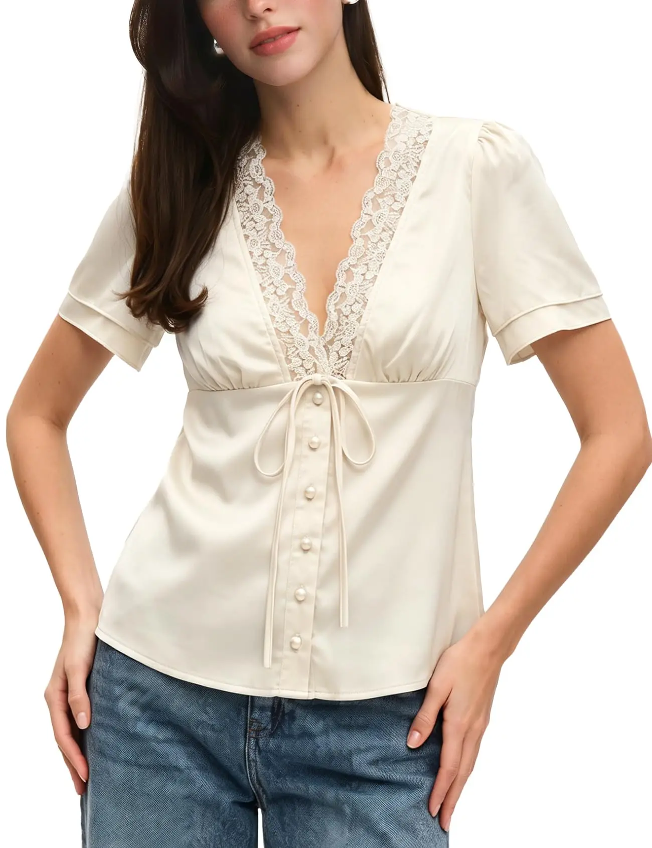 Arssm Women's Satin Top V Neck Lace Trim Top Short Sleeve Tie Front Blouse Shirt